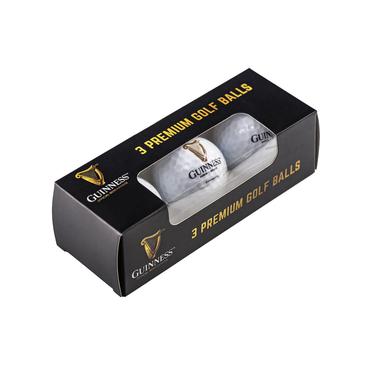 Box of three Guinness Premium 3PK Golf Balls, elegantly packaged in black with gold accents. The display window gives a tempting glimpse of these premium golf ball gifts.