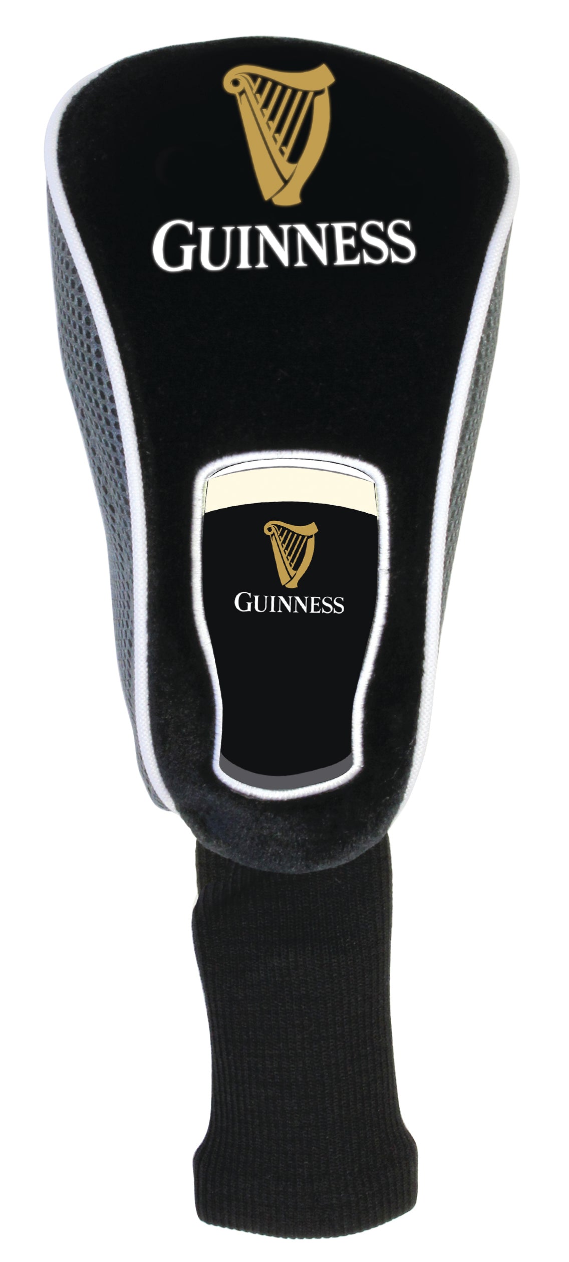 The Guinness Golf Head Pint Cover by Guinness features black and silver colors with the iconic gold and white logo and harp emblem—an essential upgrade for your golf equipment.