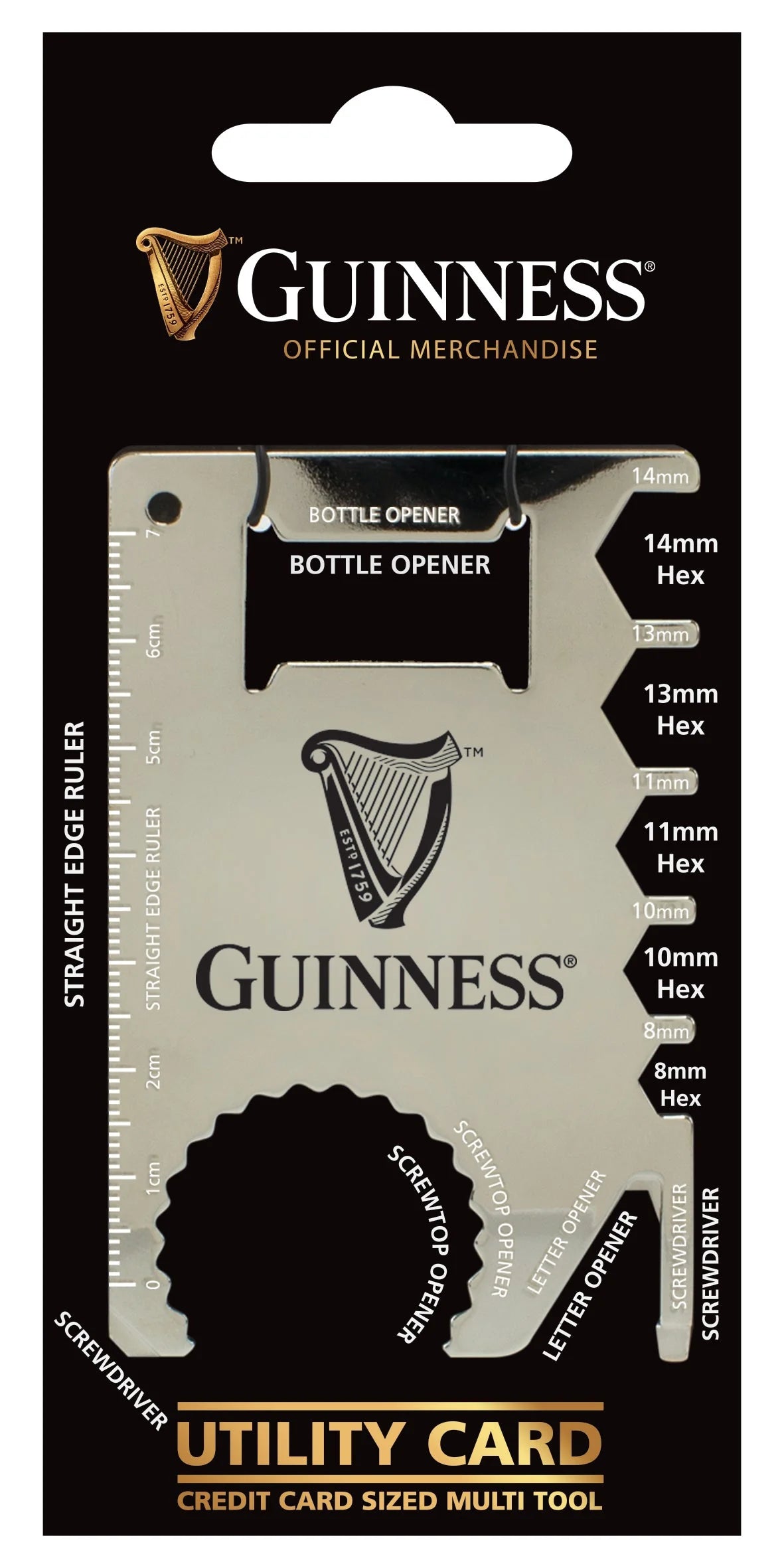 The Guinness US Utility Card Multi Tool is a credit card-sized wallet tool with bottle opener, ruler, screwdrivers, and hex wrenches. It comes in official merchandise packaging.