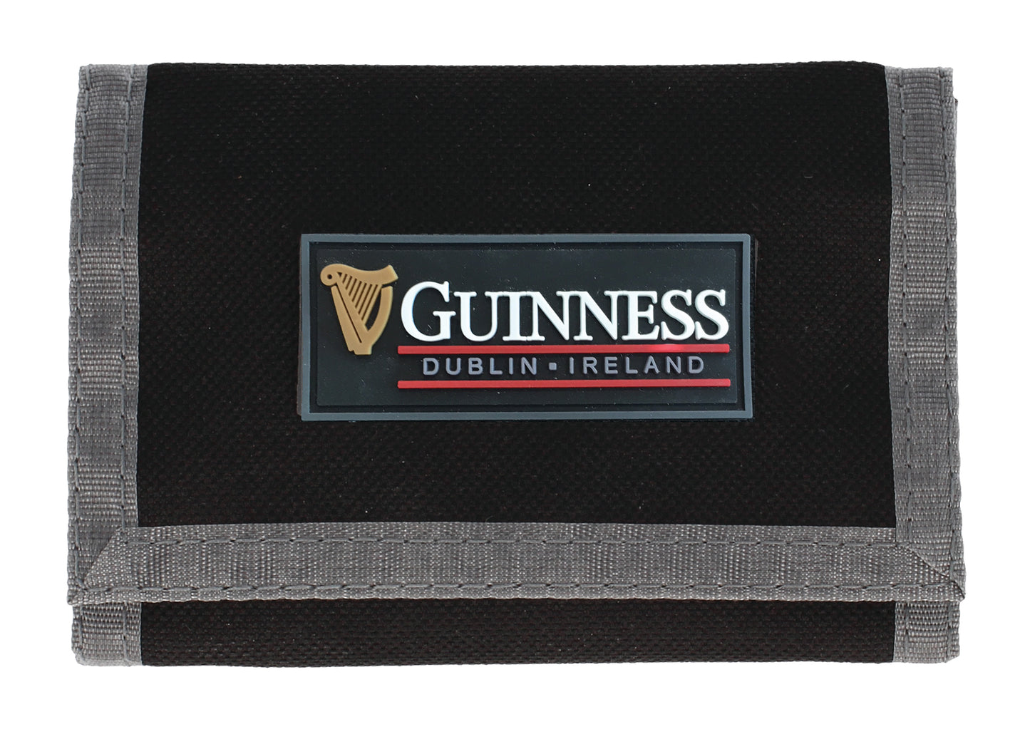 The Guinness Webstore US Sports Wallet features a PVC logo and gray trim—a stylish black wallet perfect for fans and collectors of Guinness.