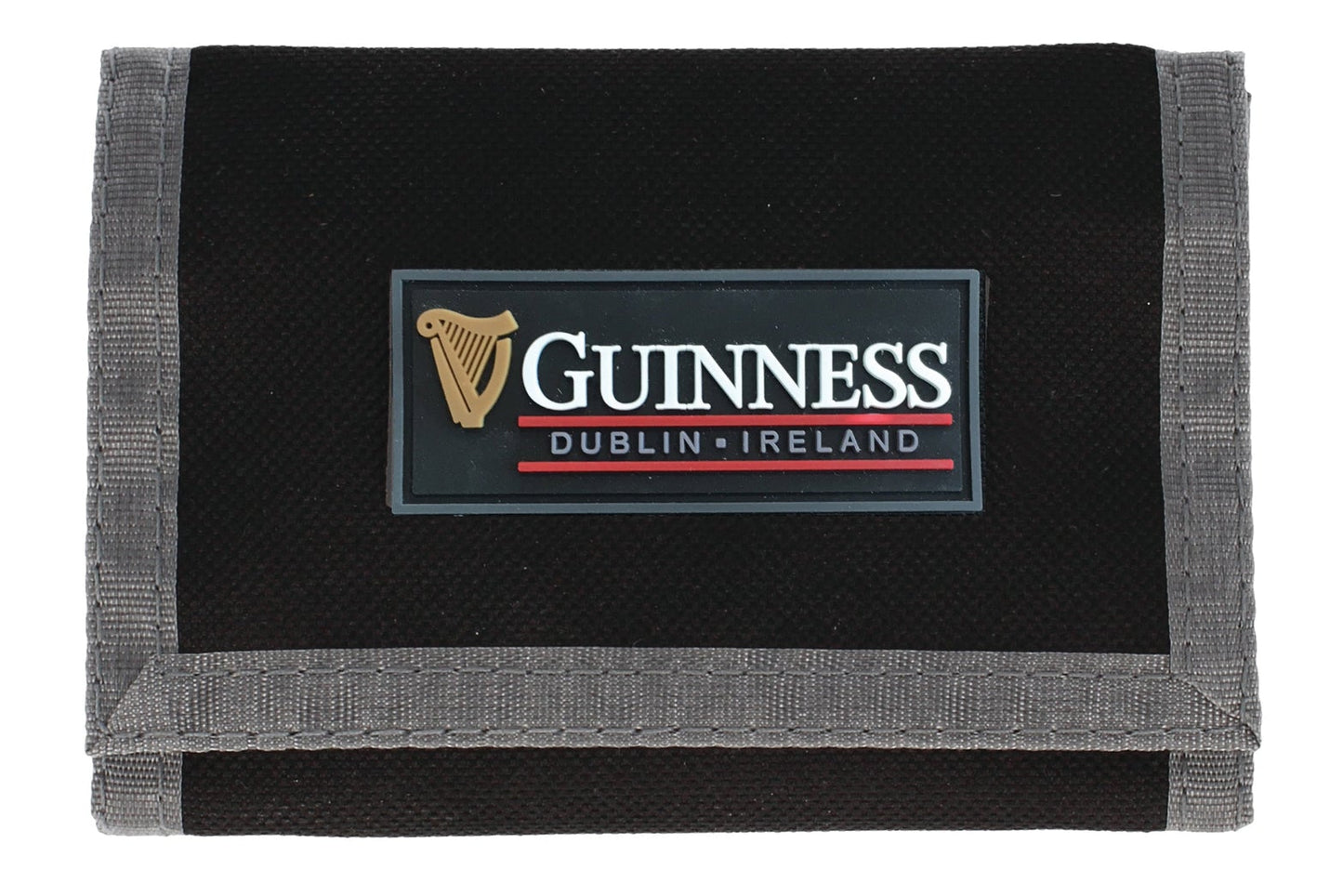 The Guinness Webstore US Sports Wallet features a PVC logo and gray trim—a stylish black wallet perfect for fans and collectors of Guinness.