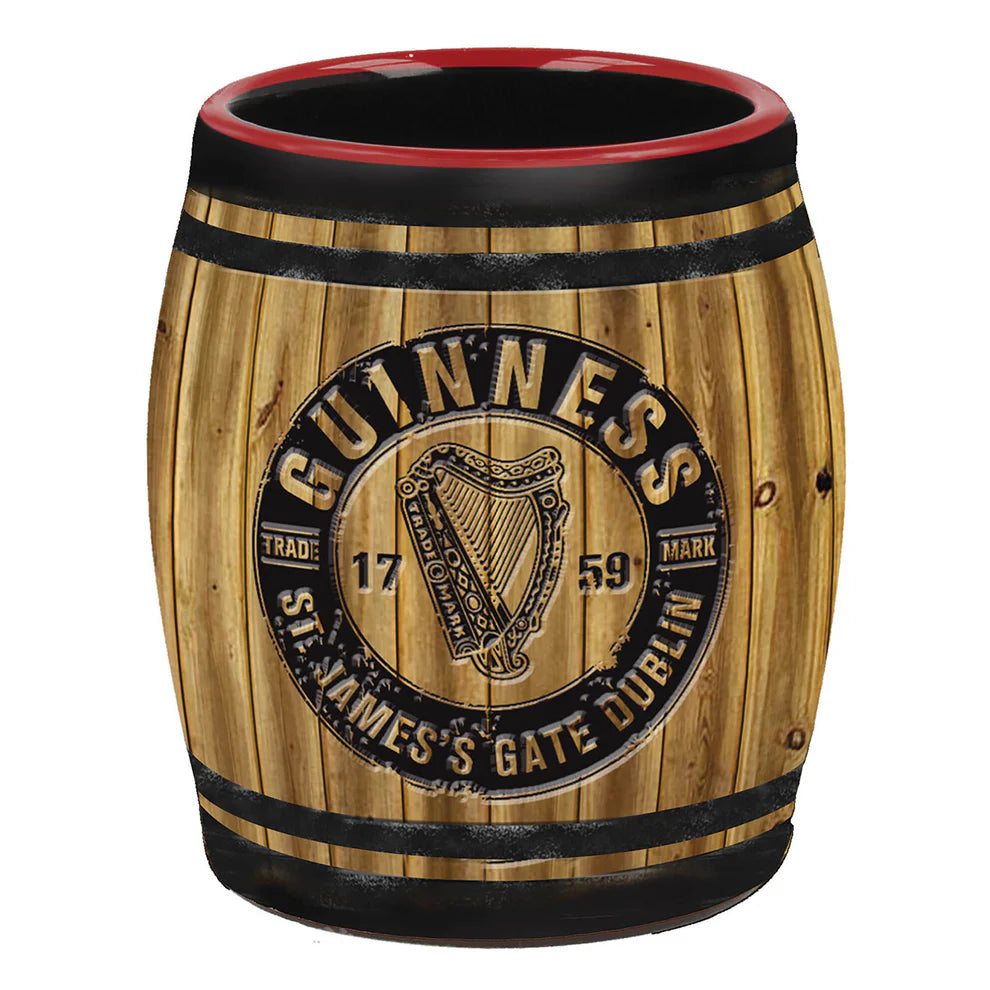The Guinness Barrel Shot Glass from Guinness Webstore US is crafted in the style of a wooden barrel and features the iconic Guinness logo, harp illustration, and "St. James's Gate Dublin 1759" printed on the front—making it an authentic piece of Guinness merchandise and a perfect Irish gift or collectible for any fan.