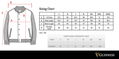 Guinness Letterman Jacket size chart for merchandise.