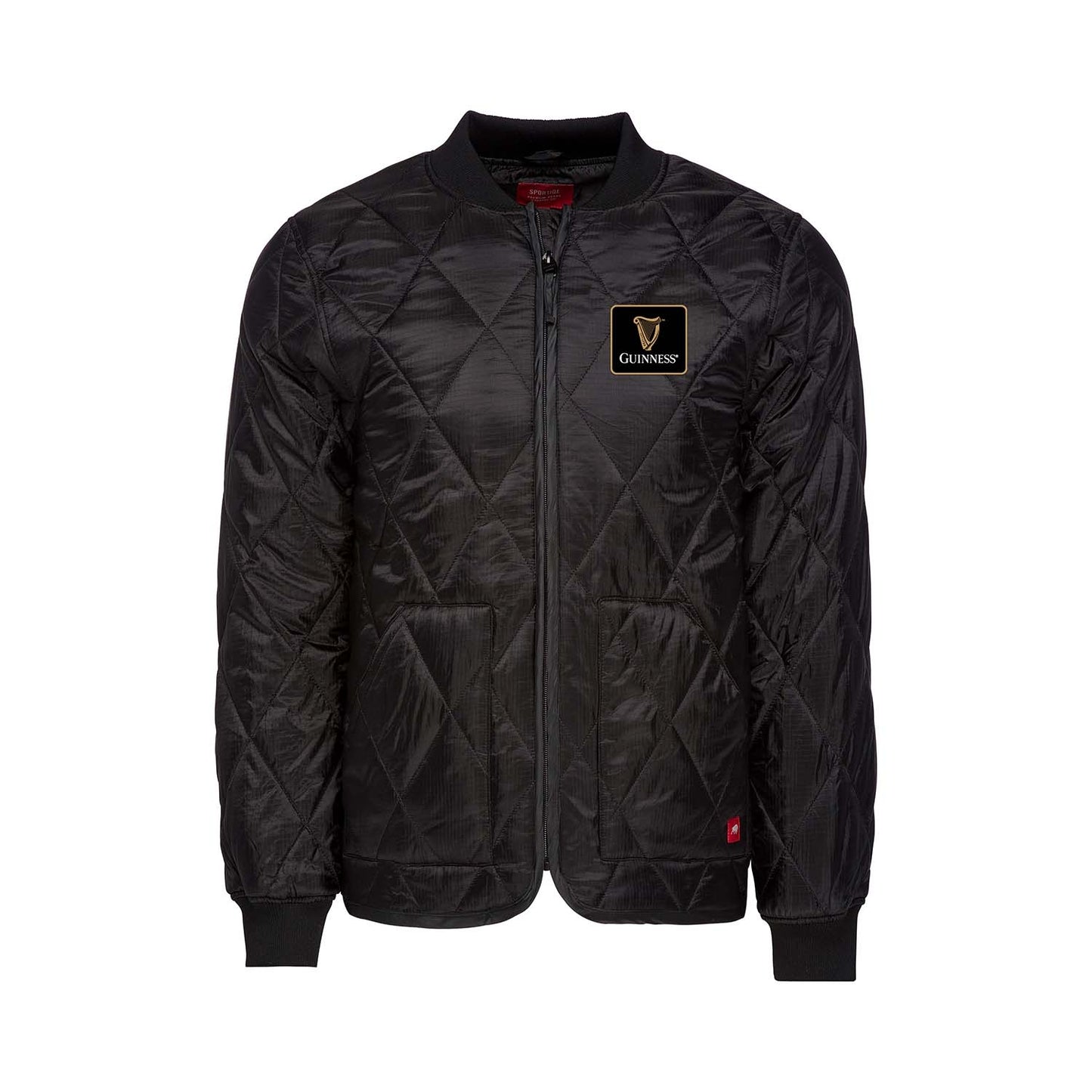 A waterproof black Guinness Quilted Utility Zip Up jacket with a gold logo on it.