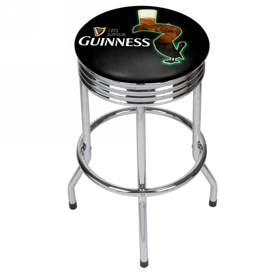 A Guinness Chrome Ribbed Bar Stool - Feathering with the Guinness logo.