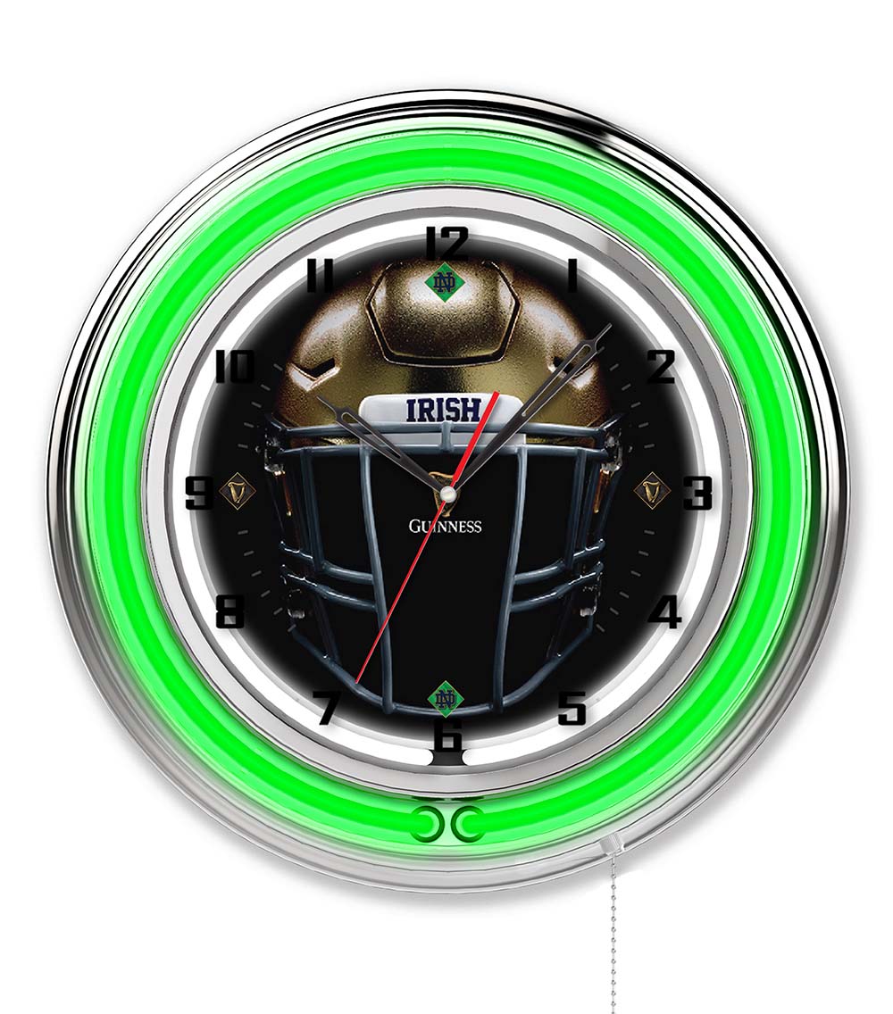 A Guinness Notre Dame Helmet Double Neon Wall Clock with an image of a football helmet.