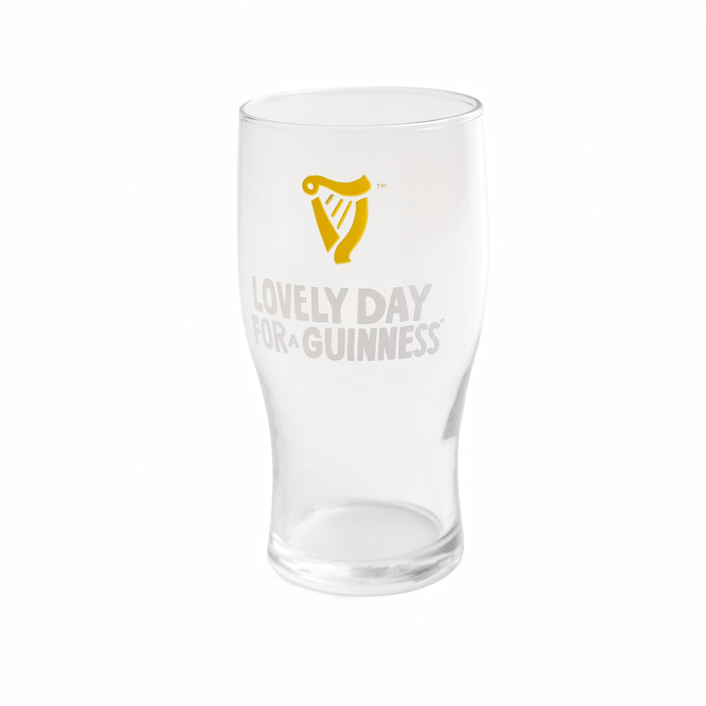 The Guinness Seb Curi Lovely Day Pint Glass from Guinness Webstore US features a yellow harp logo and "Lovely Day for a Guinness" on the front—a perfect collector’s piece for fans.