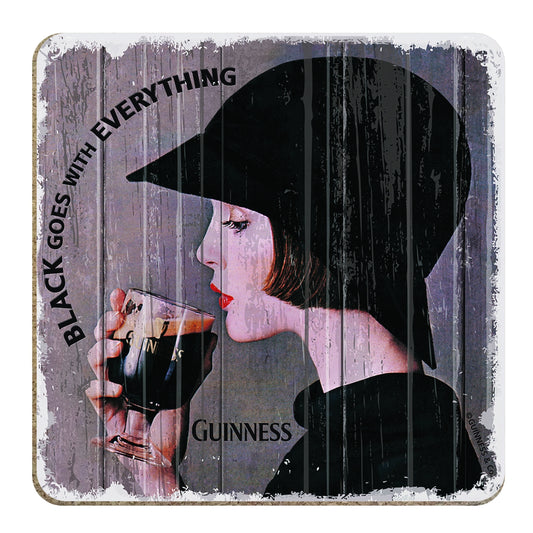 A vintage wooden sign featuring a woman elegantly holding a glass of Guinness Nostalgic Coaster - Girl.