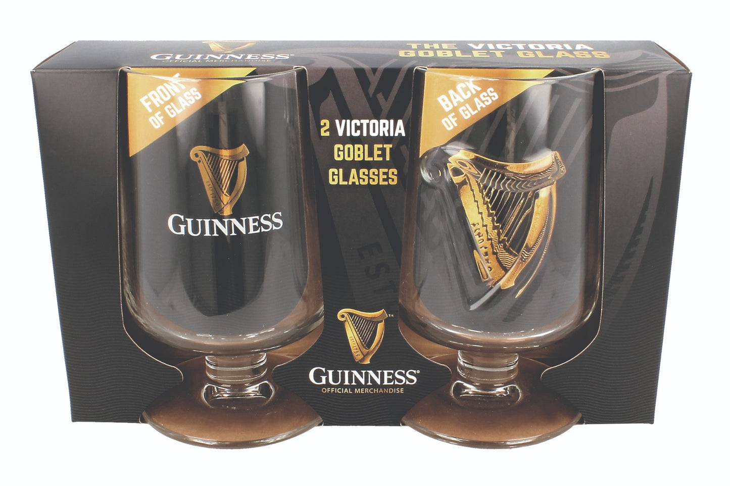 Two Guinness Embossed Stem Glass 2 Pack in a box.