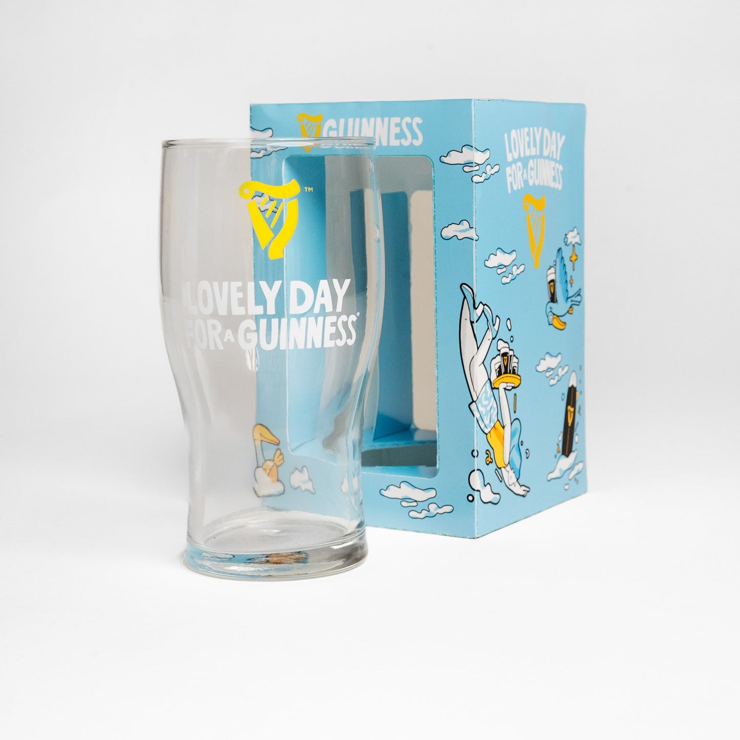 The Guinness Seb Curi Lovely Day Pint Glass from Guinness Webstore US comes in a blue collector’s box with birds and surfboards—a must-have edition for fans.