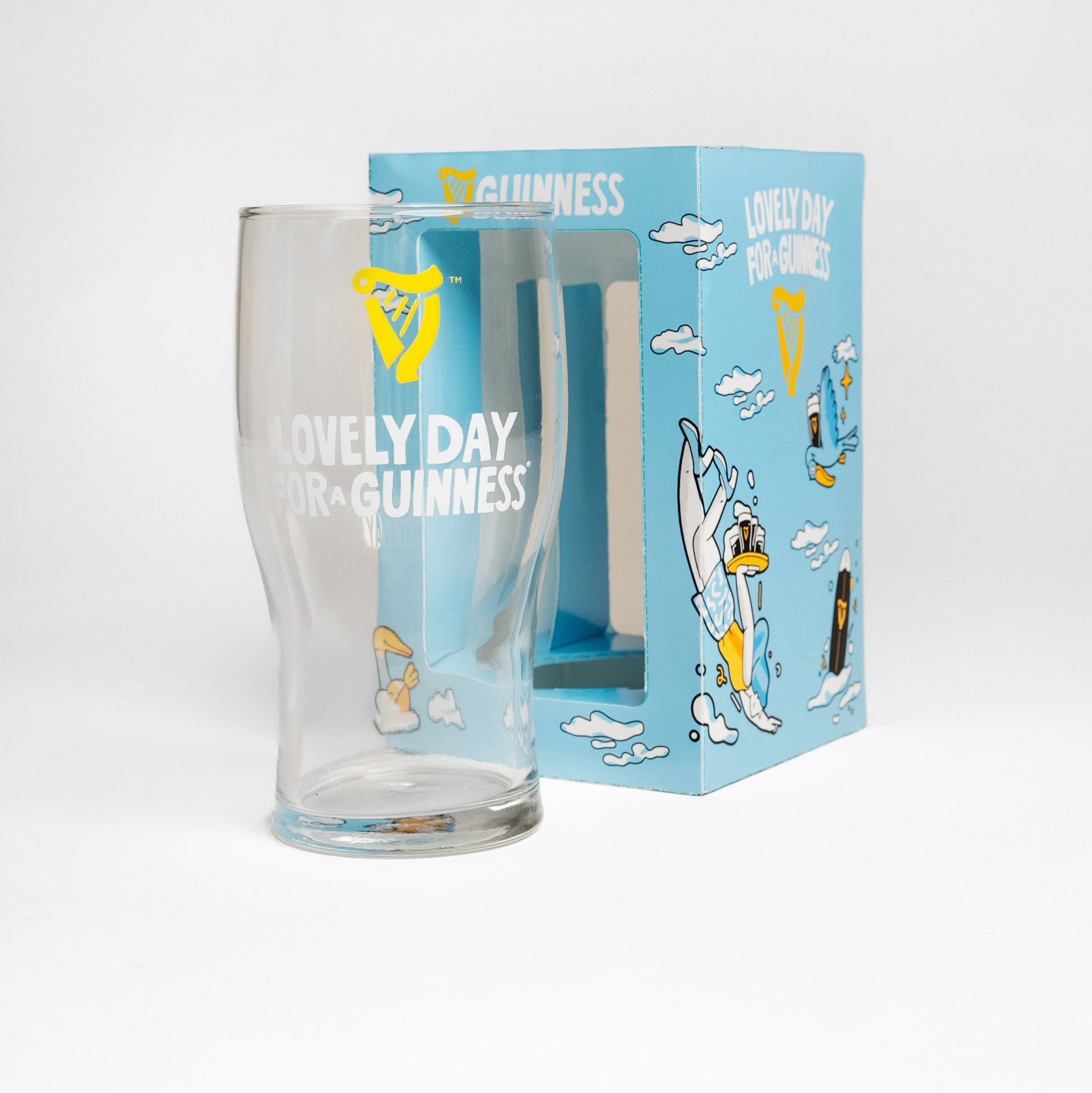 The Guinness Seb Curi Lovely Day Pint Glass from Guinness Webstore US comes in a blue collector’s box with birds and surfboards—a must-have edition for fans.