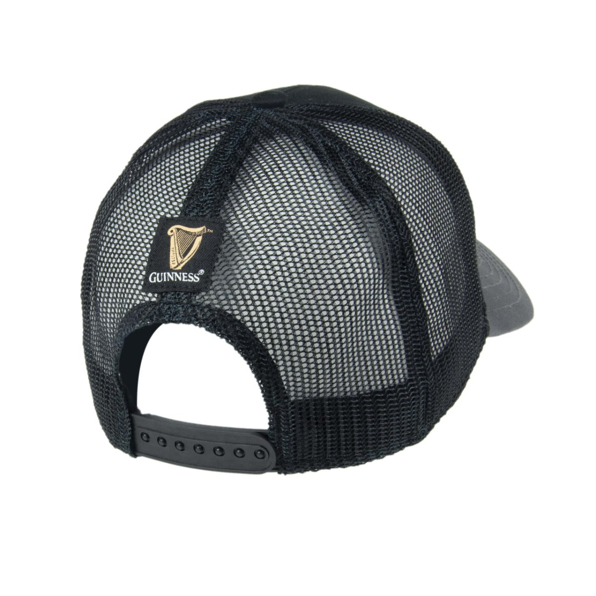 The Guinness Trucker Premium Grey with Embroidered Patch Cap is an embroidered cotton cap.