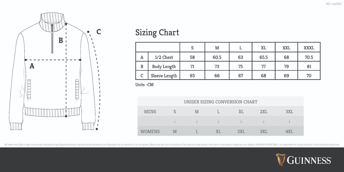 Guinness Harp Half Zip Sweater Size Chart - Perfect for any Guinness fan!