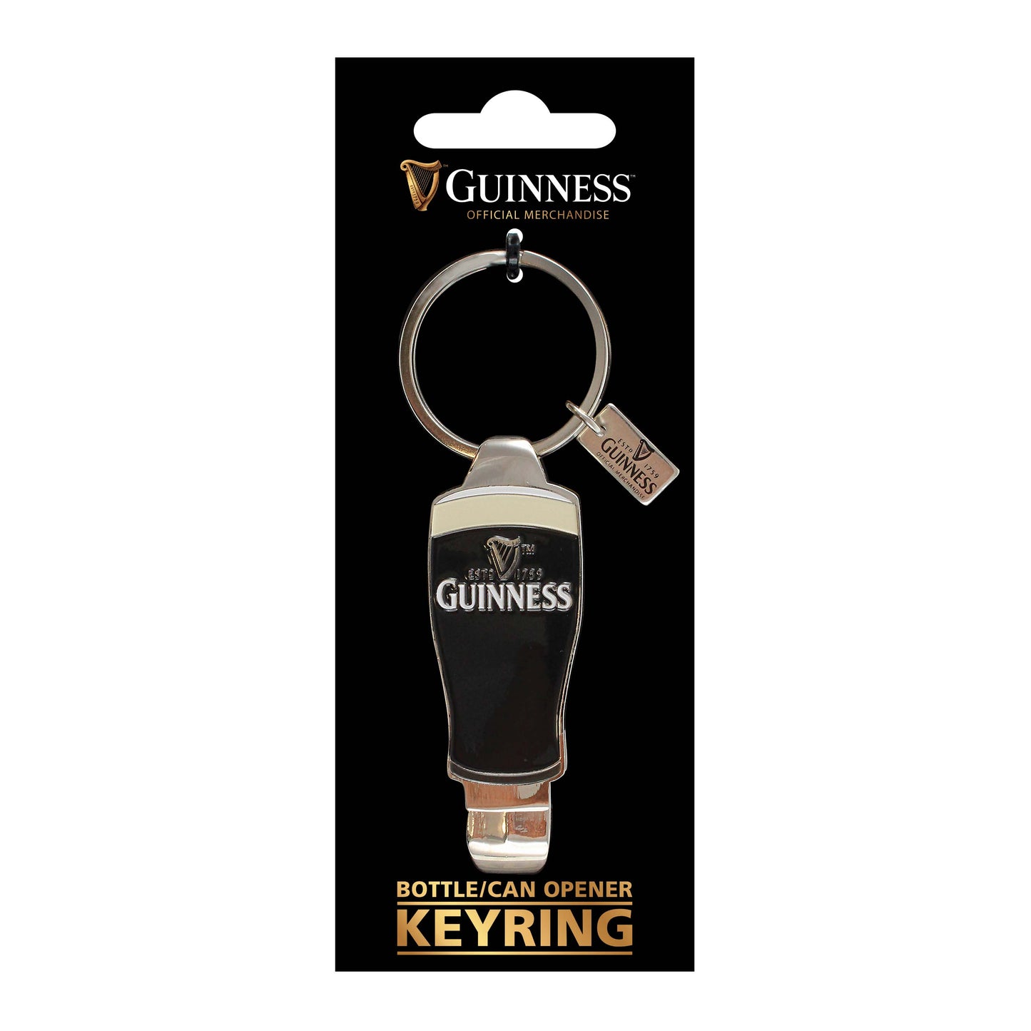 The Guinness Webstore US Pint Shape Bottle and Can Opener Keyring is a black and silver keychain, packaged as "Guinness Official Merchandise"—an ideal collectible or gift for any Guinness fan.