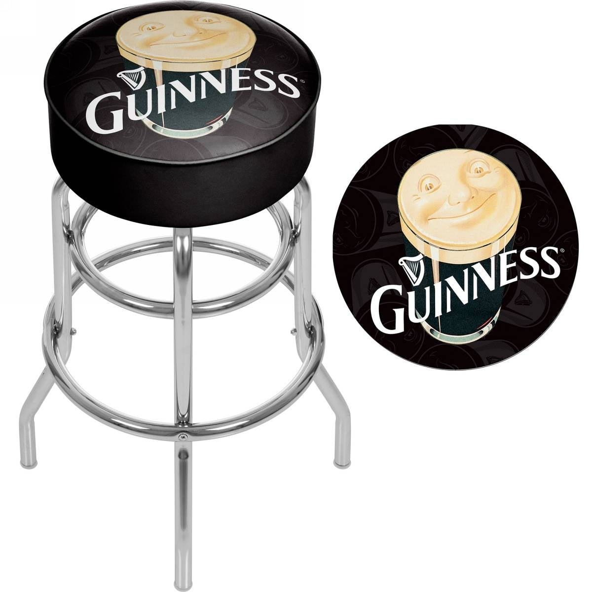 A Guinness Padded Swivel Bar Stool - Smiling Pint with a Guinness logo on it, perfect for a game room or garage.