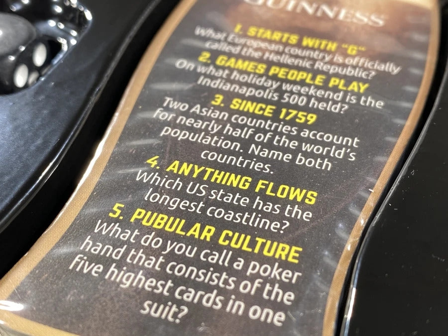 An intriguing back side of a Guinness Pub Quiz Trivia Card Game, adorned with captivating trivia questions from various Pub Quizzes.