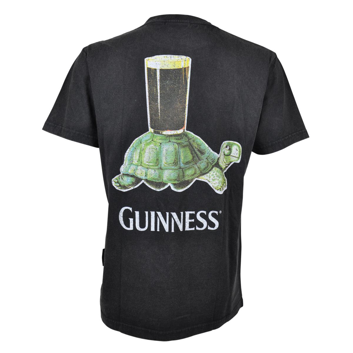 The Guinness Premium Vintage Tortoise Back Graphic Tee is a black 100% cotton shirt with a turtle carrying a pint, “GUINNESS” below, and a subtle distressed finish for a classic look.