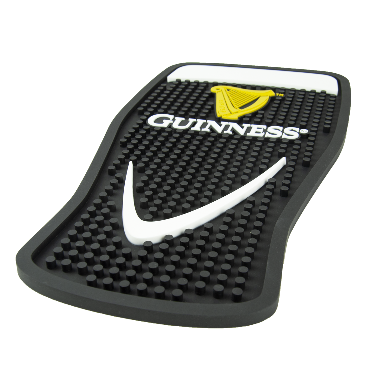 The Guinness PVC Pint shape Bar Mat is prominently displayed on a classic black bar mat.