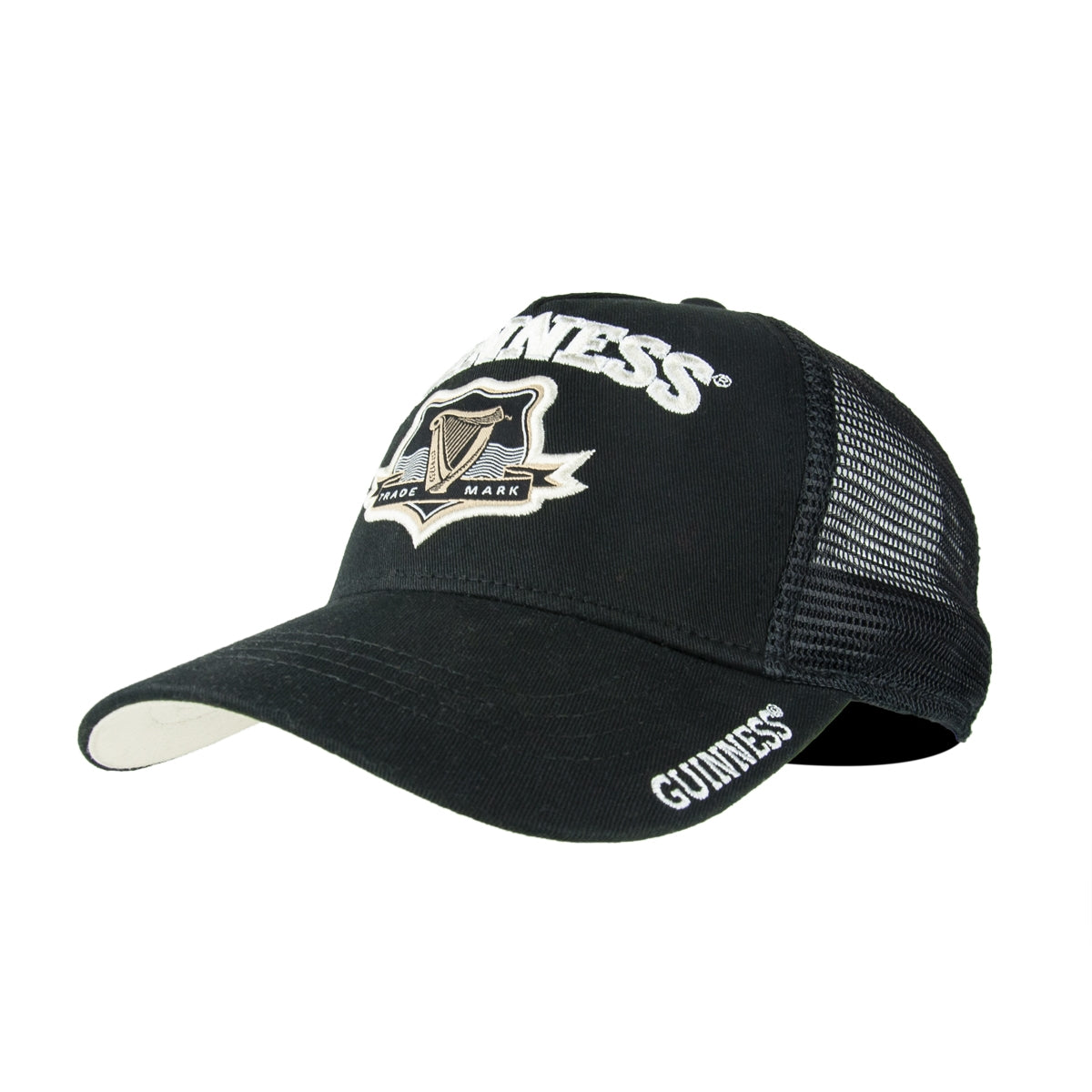 An adjustable Guinness Signature Black Trucker Mesh Baseball Cap with the Irish Harlequins logo on it.