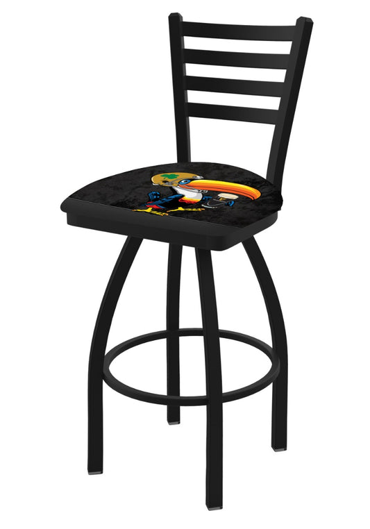 A Notre Dame Toucan Swivel Bar Stool with Ladder Back by Guinness, with a rainbow design on it.
