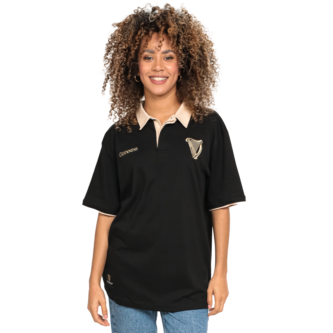 A woman wearing a Guinness Black and White Traditional Short Sleeve Rugby polo shirt.