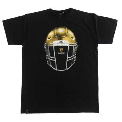 A Guinness black t-shirt featuring a gold Notre Dame Helmet design.