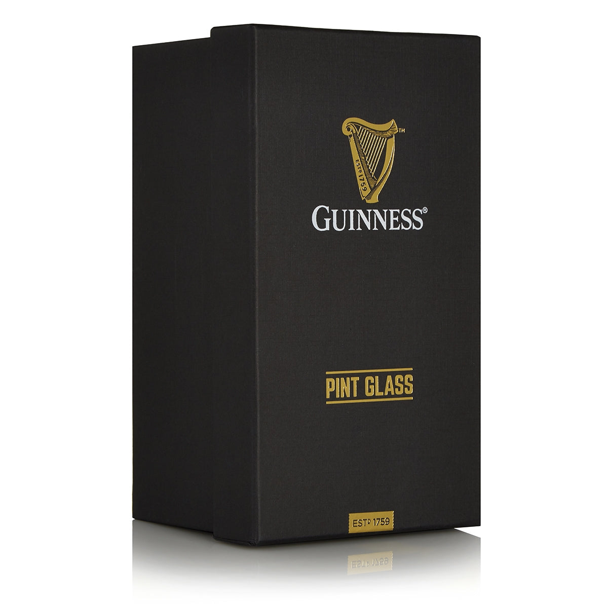 The Guinness Pint Glass Luxury Gift Box from Guinness Webstore US features black packaging with the iconic logo and harp, gold "Pint Glass" text, and stands upright—a perfect gift for any Guinness lover.