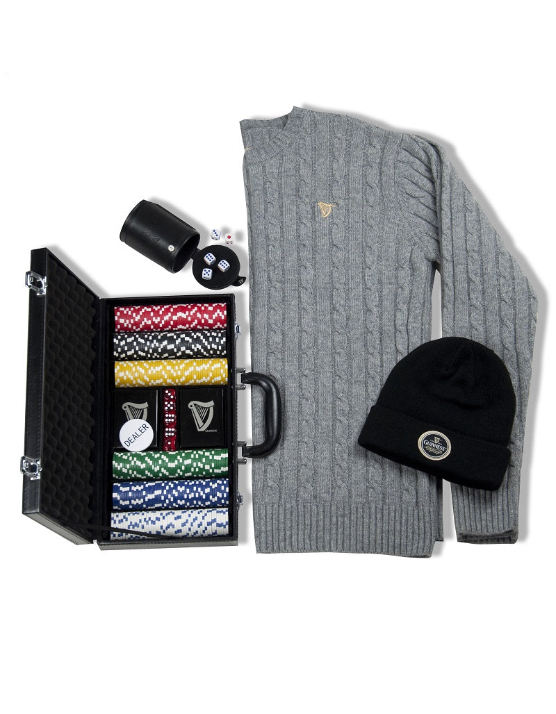 A grey sweater and beanie, paired with Guinness® Dice Cup Set and a briefcase, create the perfect set for a game night.