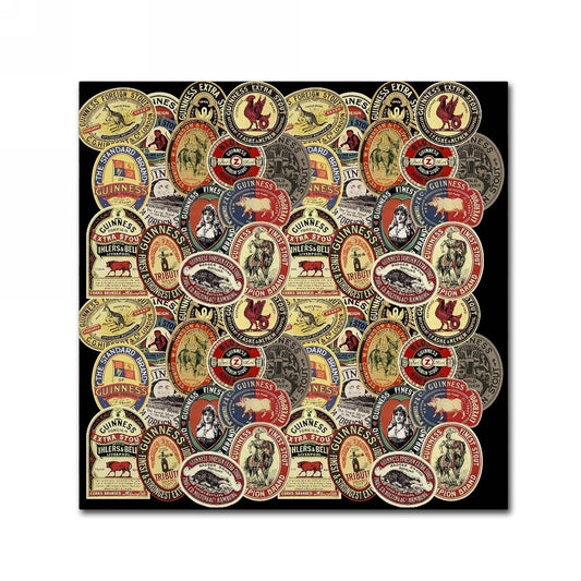An artful collage of many different types of stickers showcasing a vibrant legacy - Guinness Brewery 'Guinness IX' Canvas Art.
