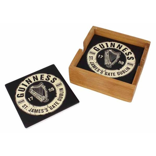 Guinness Bottletop Ceramic Coasters in Wooden Box (Pack of 4).