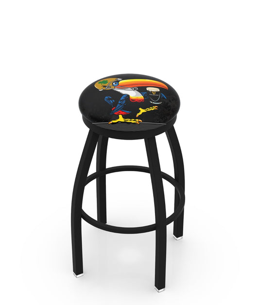 A Notre Dame Toucan Swivel Black Bar Stool featuring an image of a parrot on it, made from high quality foam for optimal comfort, by Guinness.
