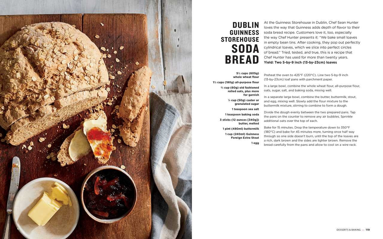 A page from the Official Guinness Hardcover Cookbook featuring bread and butter on a cutting board, with recipes highlighted.
