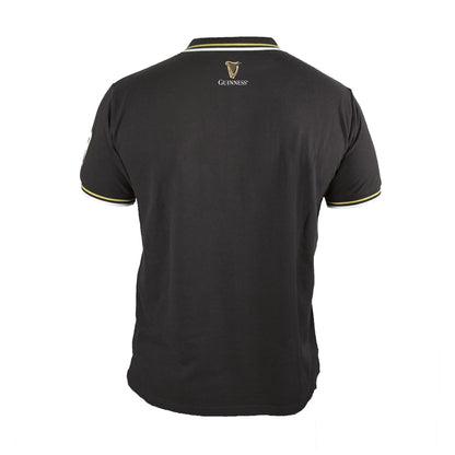 The back of a Guinness Black Pique Polo Shirt with gold trim, representing the iconic Guinness brand.