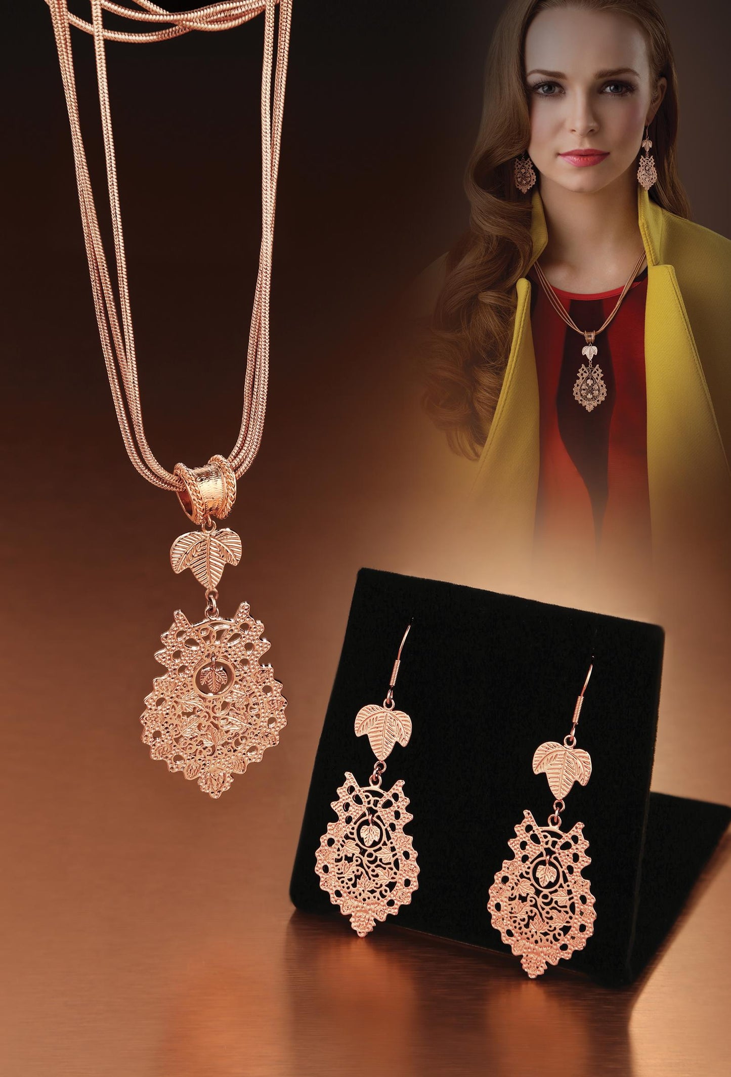 A woman wearing a Guinness® Rose Goldplated Pendant necklace and earring set.