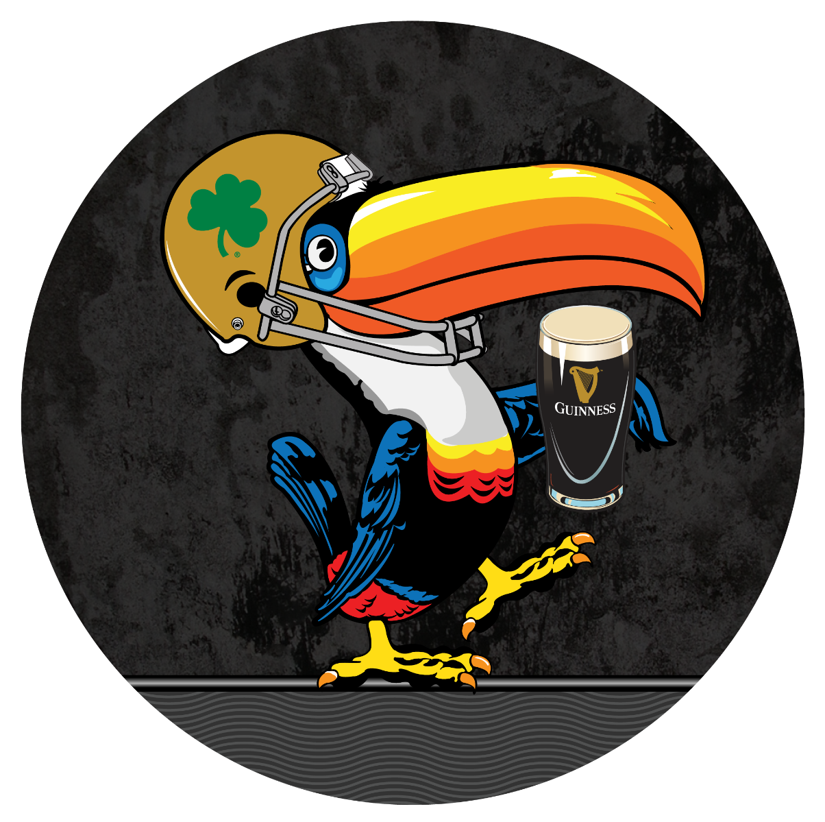 A cartoon toucan holding a pint of Guinness beer on a Notre Dame Toucan Pub Table with Leg Rest.