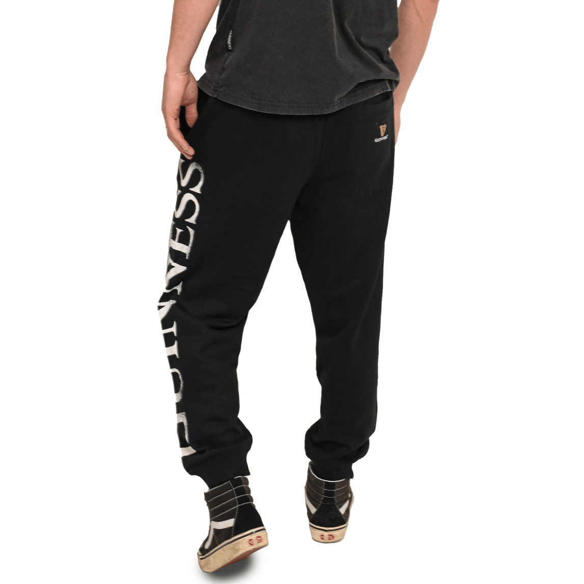 The comfortable back of a man wearing organic cotton Guinness Joggers by Guinness.