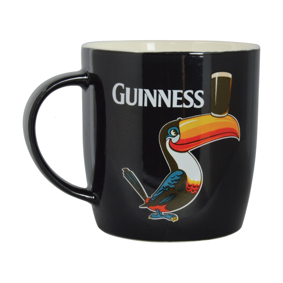 A Guinness Black Mug with Standing Toucan, perfect for fans of the Guinness brand looking for a unique collectible item to add to their collection.
