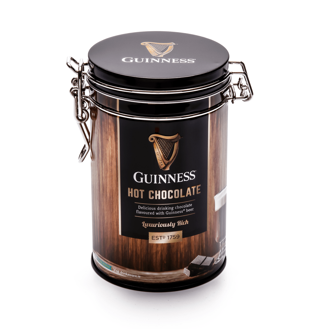 Guinness Indulgence Gift Box, featuring Guinness chocolate in a tin on a white background.