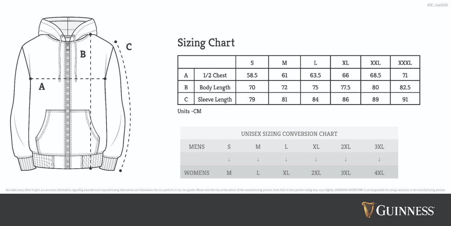 Guinness men's hoodie size chart for the Guinness Vintage Black & Grey Label Lined Hoodie.