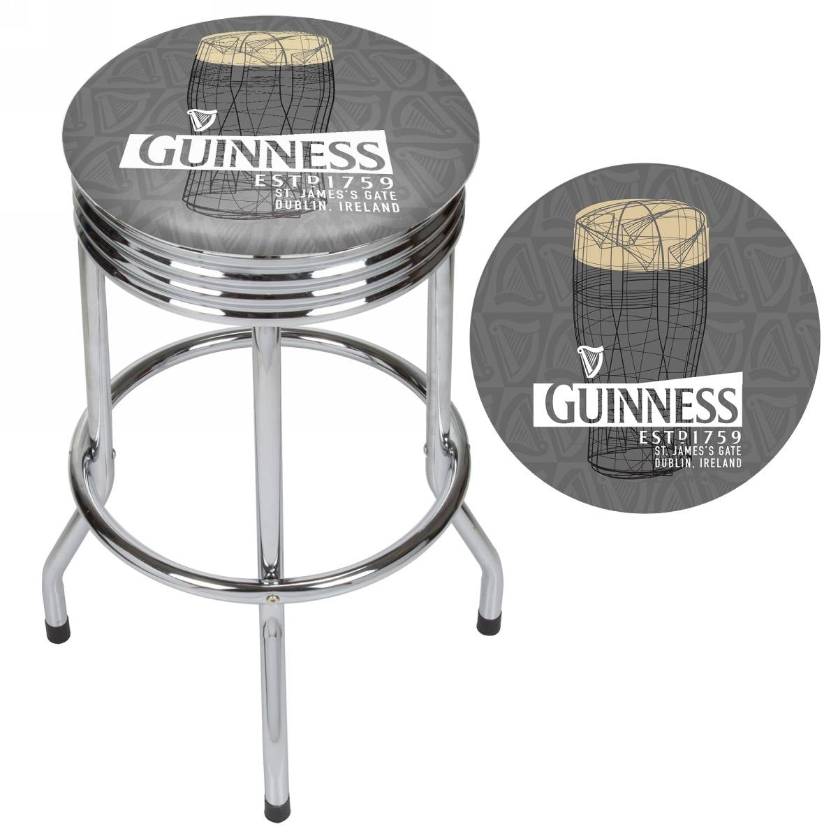 Guinness fans will love the Guinness Chrome Ribbed Bar Stool - Line Art Pint featuring Line Art Pint details. The stool is stylishly designed with a Chrome Ribbed Swivel Barstool mechanism, adding a touch.