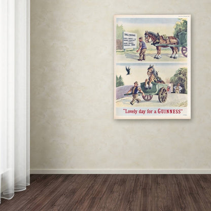 A poster featuring a horse pulling a carriage in a room decorated with Guinness Brewery 'Lovely Day For A Guinness XI' Canvas Art branding.