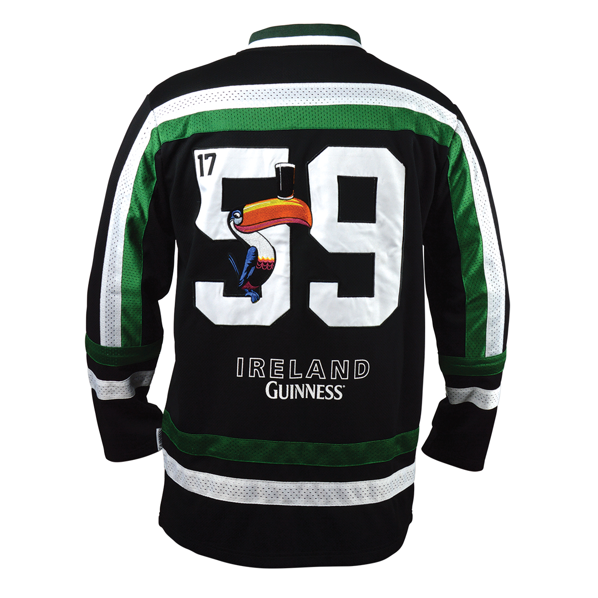 The Guinness Toucan Hockey Jersey Black and Green by Guinness features the number 59, a toucan graphic, and "IRELAND GUINNESS" printed on the back.