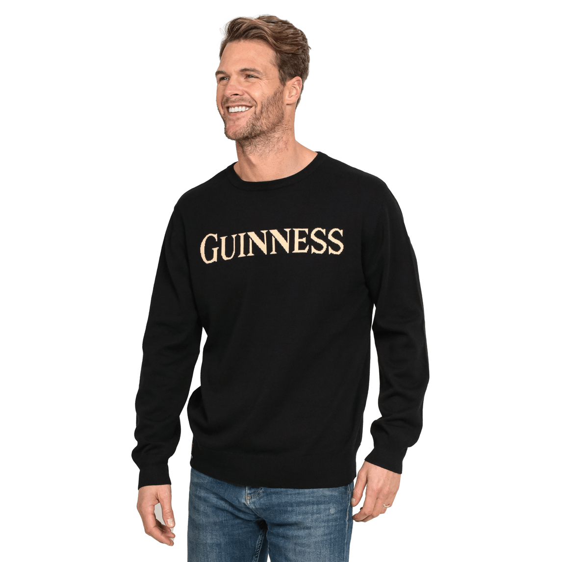 A man sporting a Guinness 100% Organic Cotton Jumper featuring the word Guinness.