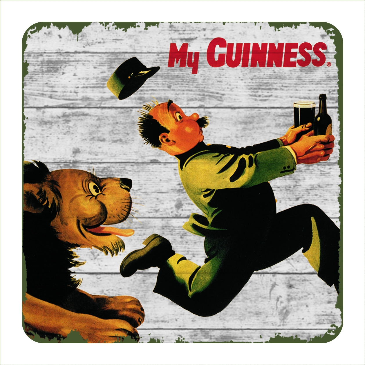 A Guinness Epic Coaster Games featuring a man and a lion, perfect for pub games enthusiasts.