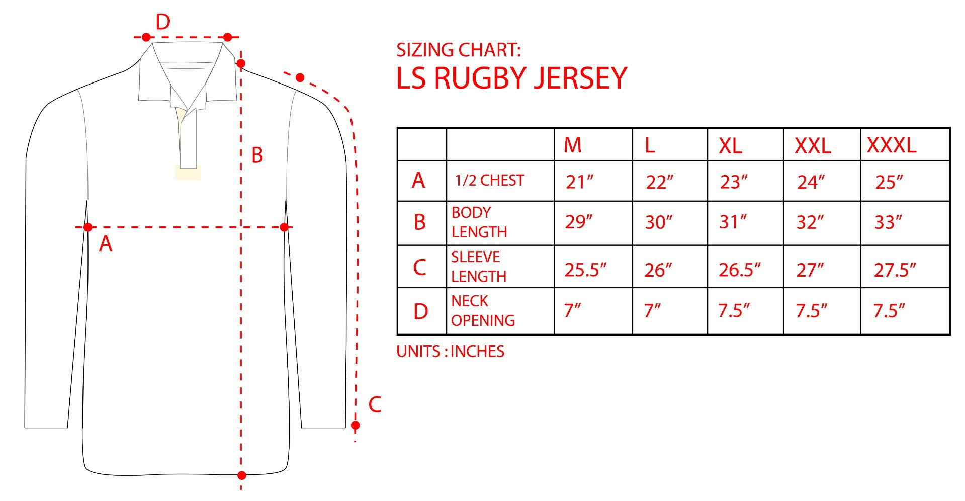 A diagram showing the measurements for a Guinness Traditional Rugby Jersey with an authentic rugby look.