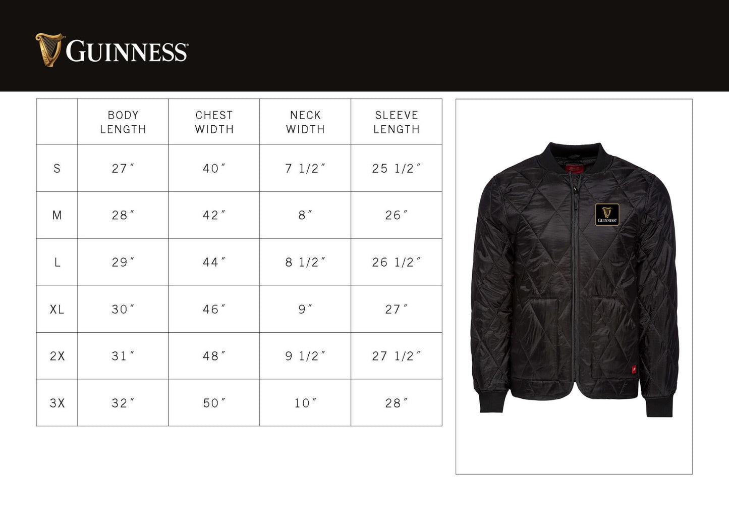 Guinness Quilted Utility Zip Up men's jacket size chart.
