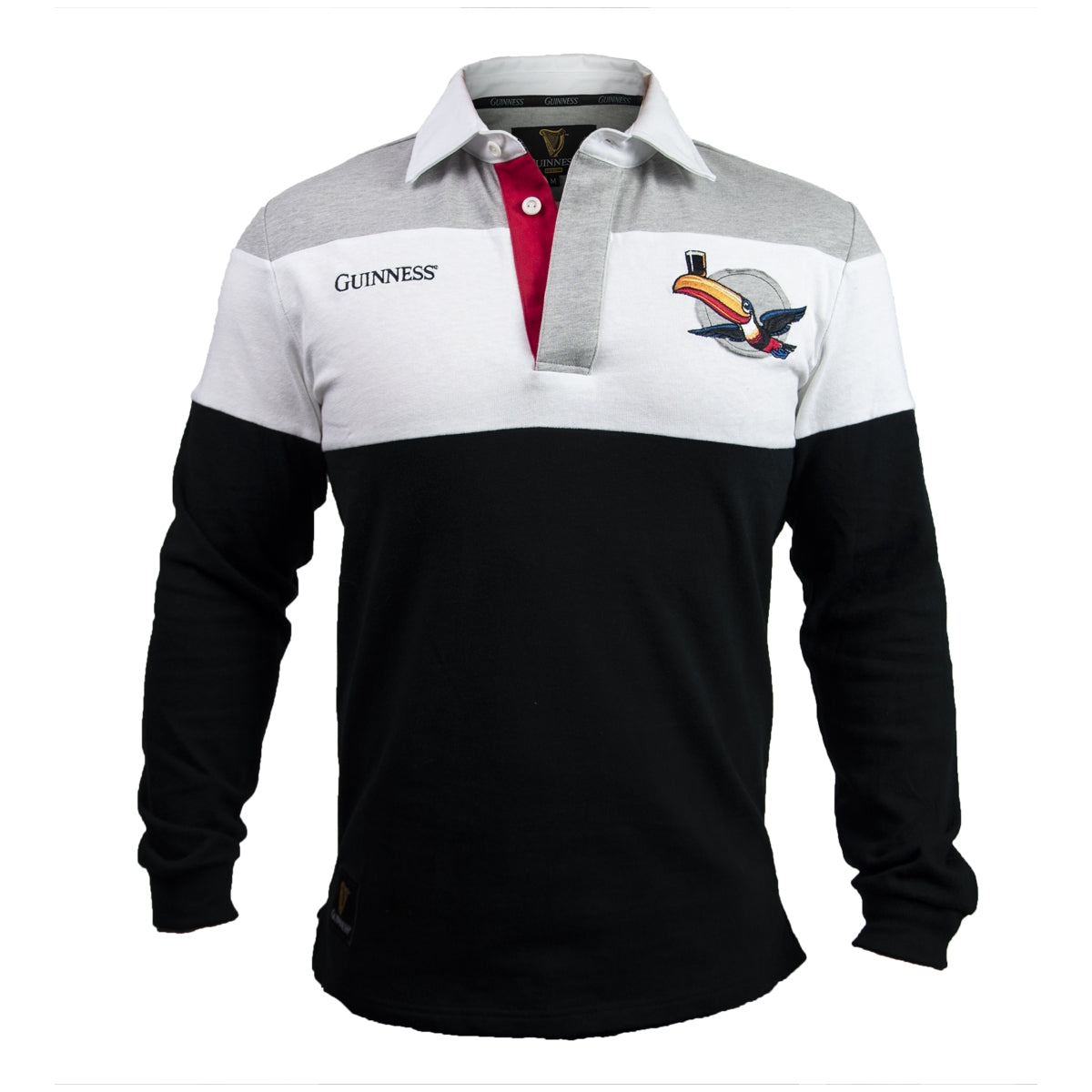 A men's Guinness Toucan Rugby Jersey in red, white, and black.