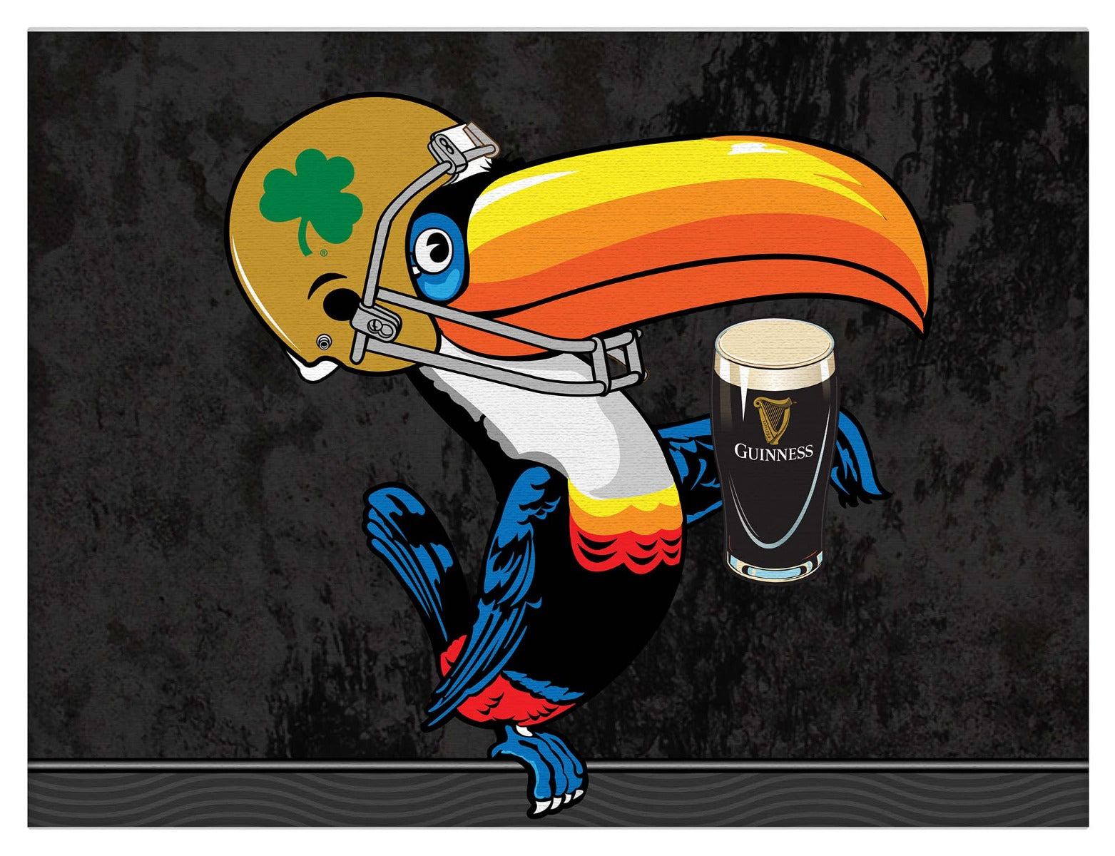 Description: A toucan holding a Guinness beer and a shamrock on a Guinness Notre Dame Toucan Landscape canvas wall art by Guinness.