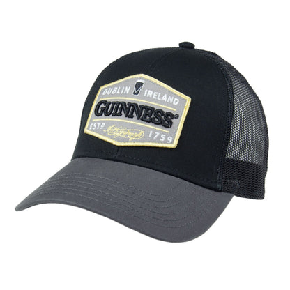 The Guinness Trucker Premium Grey with Embroidered Patch cap is black and grey.