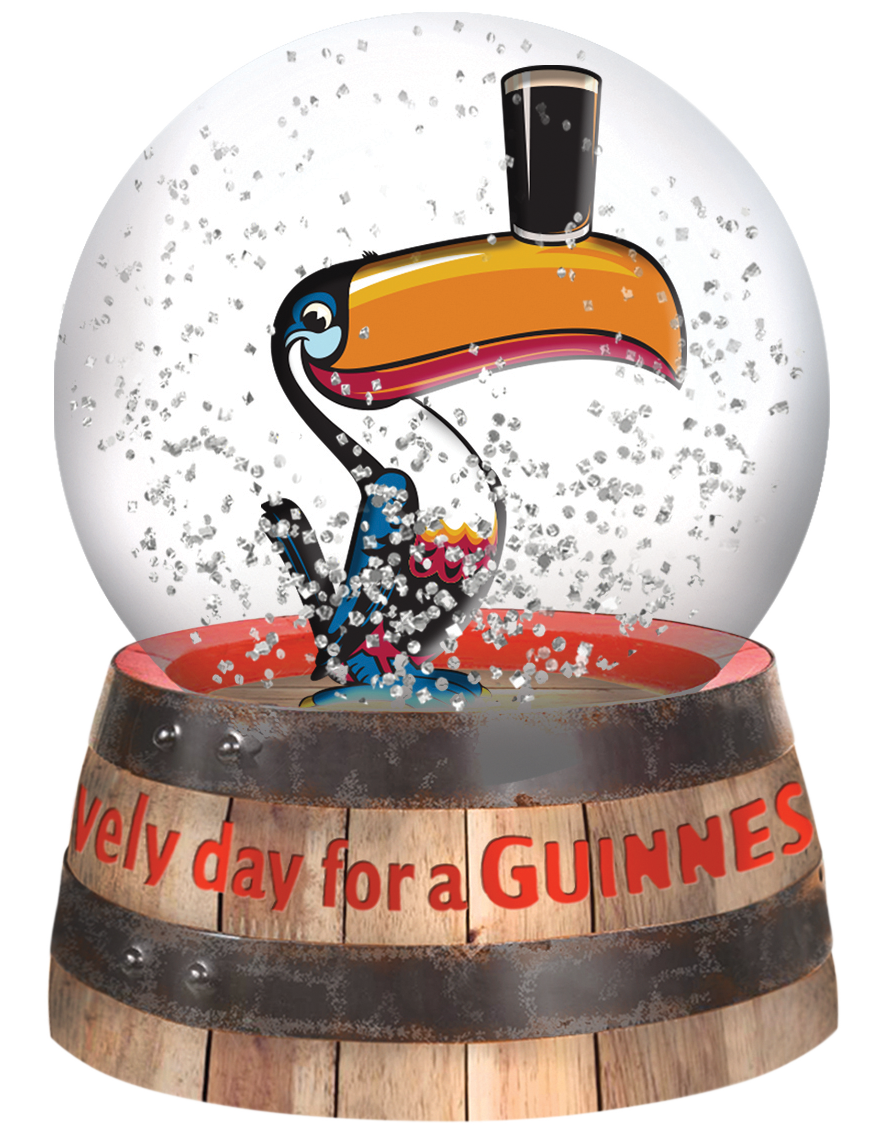 A merchandise featuring a Guinness Waterball Toucan enclosed in a Guinness snow globe waterball.